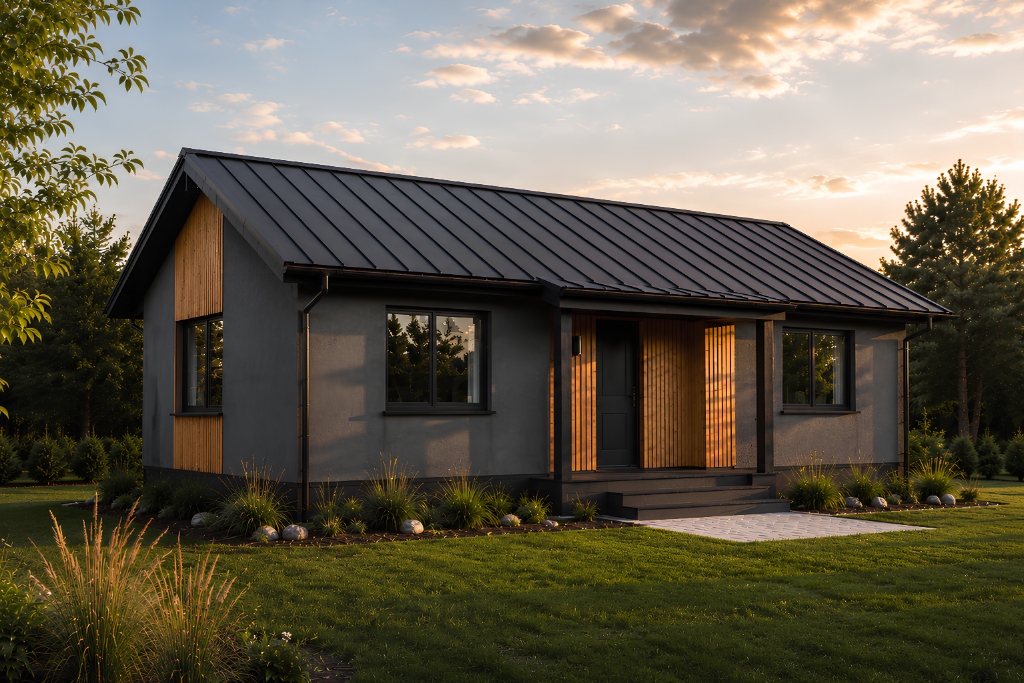Mineral ProfiSIP facade with black steel roof and vertical wood accents