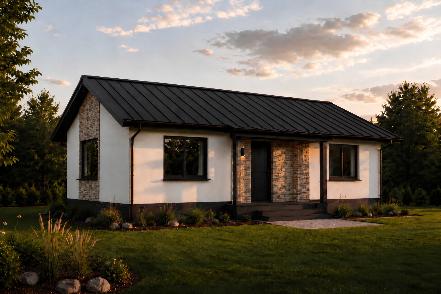 Light ProfiSIP facade with white walls, black roof and wood accents